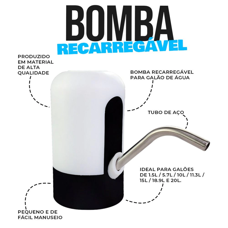 Bomba D'água Elétrica para Galão Garrafão 20L Universal Dispenser Automático Bebedouro com Carregamento USB Recarregável