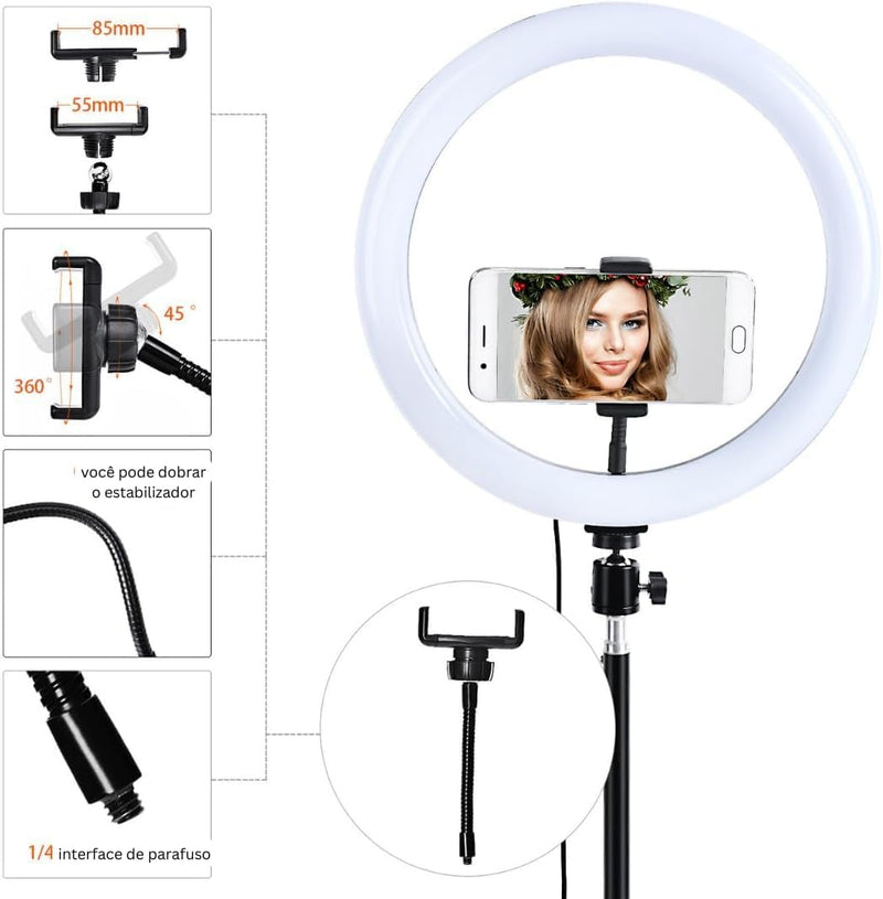 Ring Light Iluminador LED 30cm / 12 POLEGADAS + TRIPÉ 2 Metros